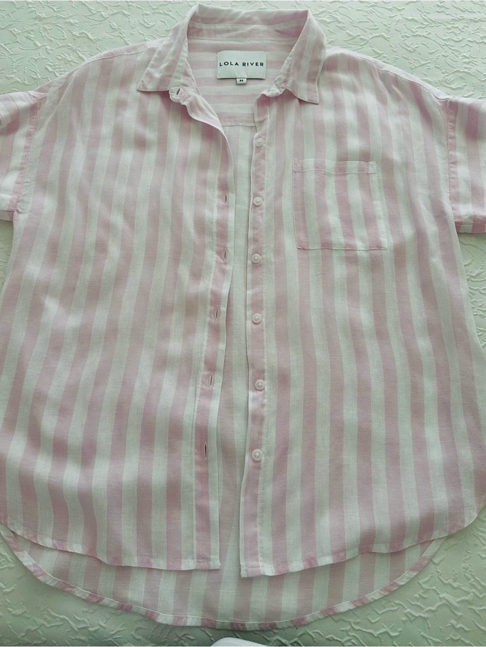 Lola River Women’s Pink White Striped Tencel Linen Button Up Shirt Size M